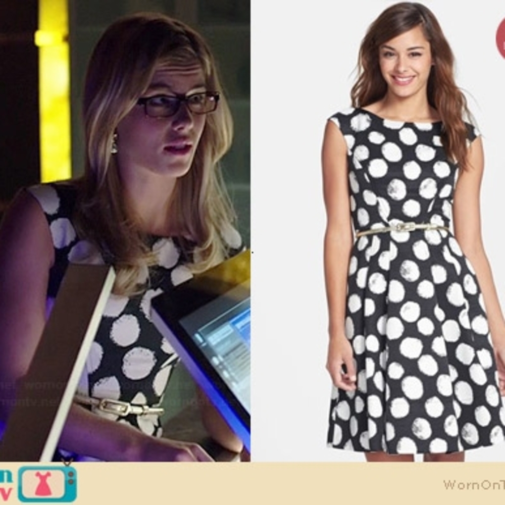 ELIZA J Polka Dot Faille Fit & Fkare Dress ASO Felicity Smoak